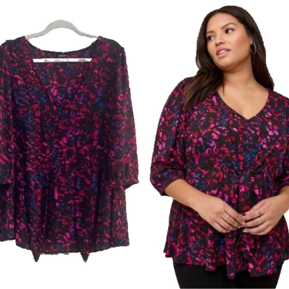 Torrid Peplum Georgette Tie Front Leopard Print  Blouse Plus Size 2X Black Pink - Picture 2 of 14